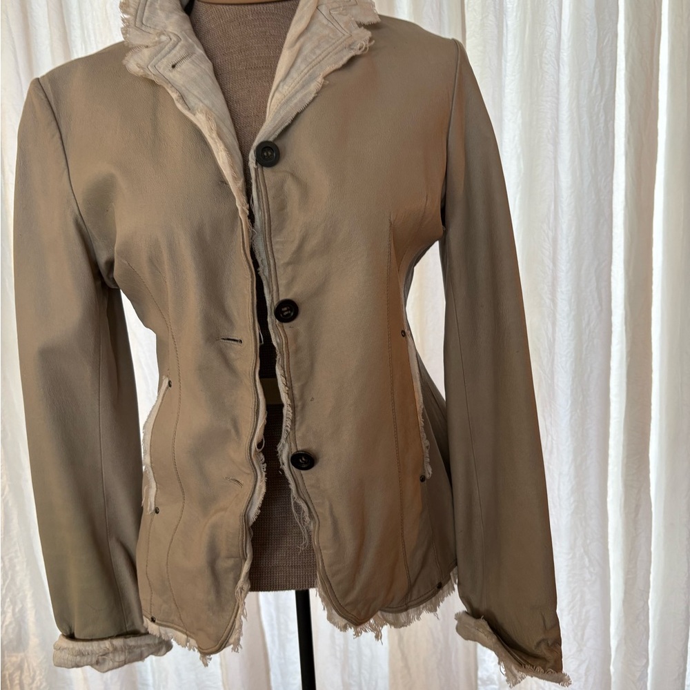 Tan Leather Jacket with Frayed Edges and Notched Lapel